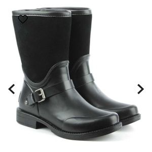 UGG Women's Black Mid-Calf Rain Boots with Buckle Detail